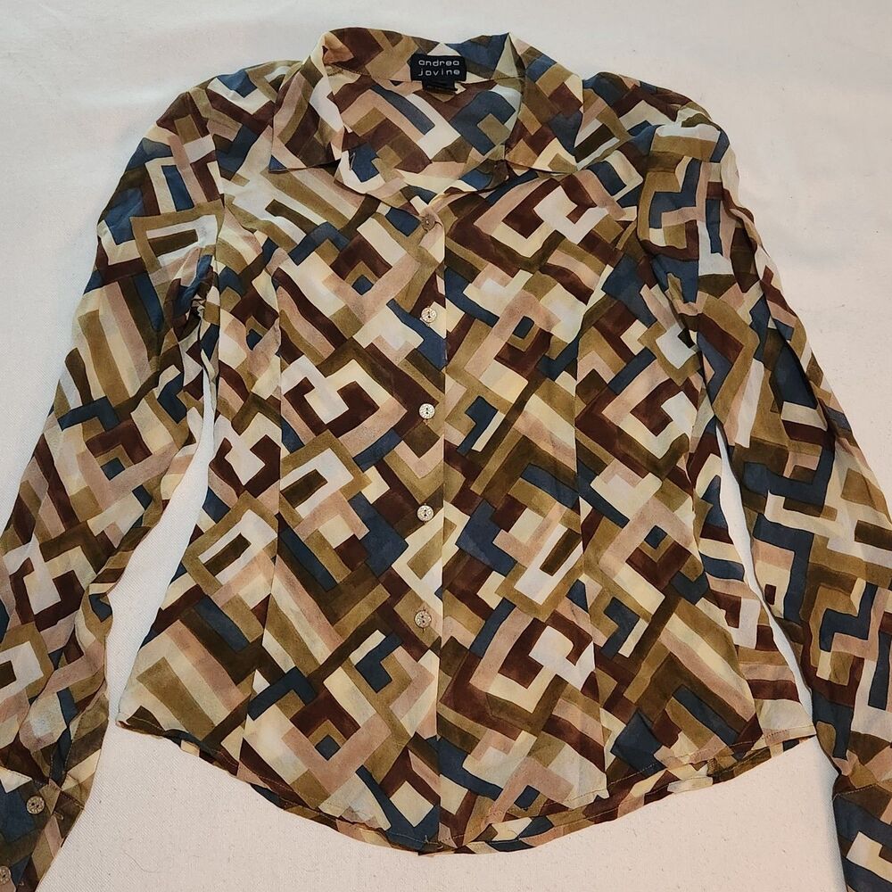 Silk Chiffon Geometric button up Women's top Career Op Art Retro Andrea Jovine